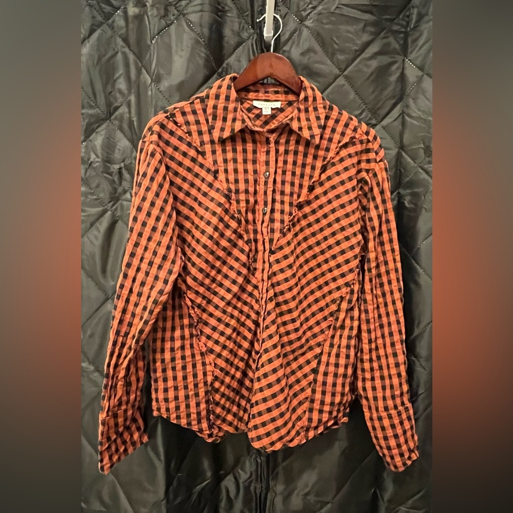 Checkered Blouse - Orange & black Button-Up- Fray/distressed details - Top Shop